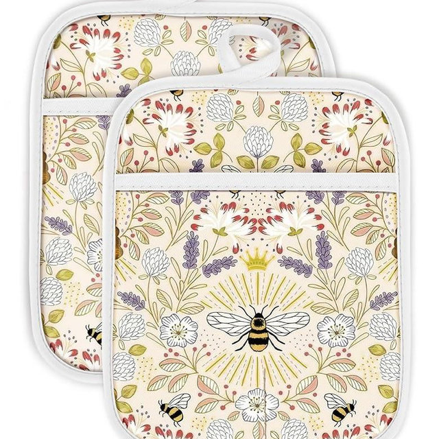Swooflia 100% Cotton Pot Holders 2 Pack Set for Kitchen with Pockets - Cute 440°F Heat Resistant Oven Hot Pads Heavy Duty for Countertop Home Cooking Baking Microwave BBQ Bee