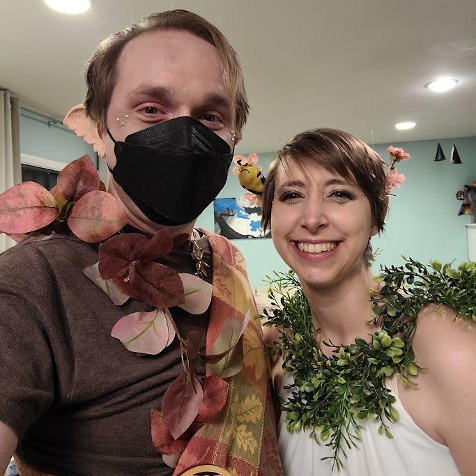 Erin and Brian dressing up for a friend's Halloween party, 2022.