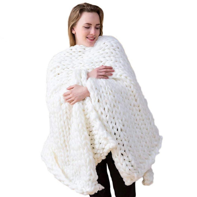 Chunky Knit Blanket Hand Made Merino Wool Throw Boho Bedroom Sofa Home Decor Giant Yarn(White 40"x47")