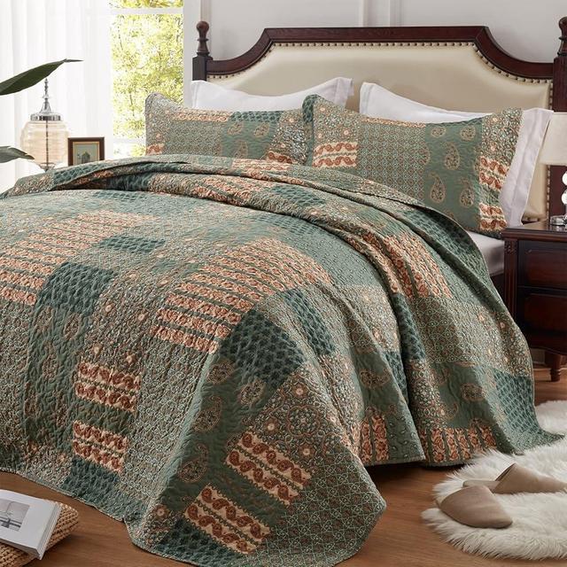 LEAONME Quilt Set - Full/Queen Size Floral Paisley Olive Green Bedding Set with 2 Pillow Shams