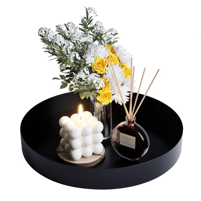 JEENWUR Rust-Proof Metal Decorative Trays for Home Decor, Round Coffee Tray Table, Heavy Duty Candle Tray for Living Room (Black, 11.8”) (Black, 11.8")