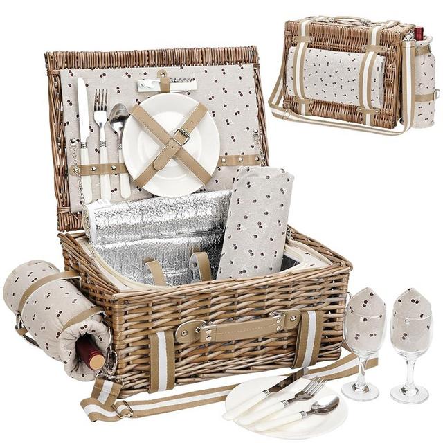 Picnic Basket for 2 with Blanket - Wicker Picnic Basket with Strap,Wine Bag | Willow Picnic Set for 2 Person with Insulated Cooler | Wicker Hamper with Cutlery Kit | Gift Basket for Christmas, Beige