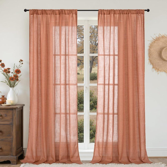 BGment Terracotta Semi Sheer Curtains 84 Inch Length 2 Panels for Living Room Fall Decor, Burnt Orange Linen Window Drapes Rod Pocket Light Filtering for Bedroom Boho Rust Color, Each 52 Inch Wide