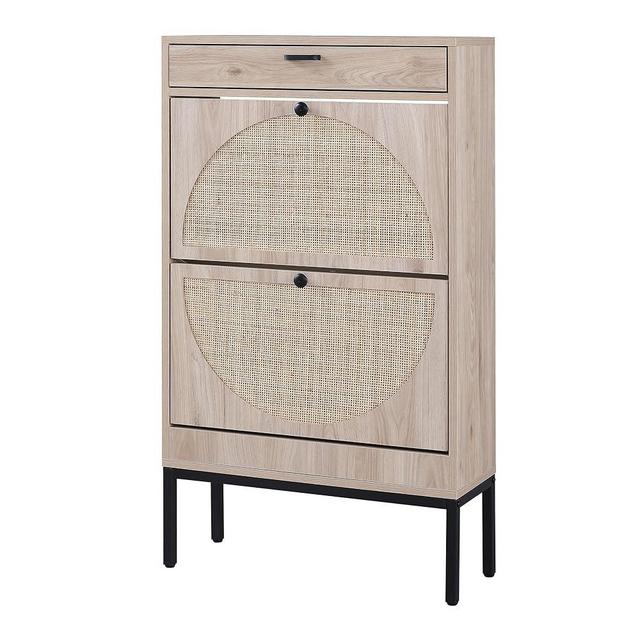 XIAO WEI Shoe Cabinet, Natural Semi Circle Rattan Shoe Storage Organizer Cabinet with 2 Flip Drawers, Freestanding Shoe Rack with Adjustable Shelf for Entryway