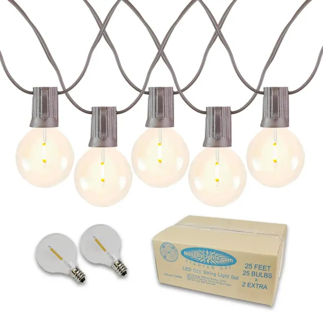 Novelty Lights 25 Feet G50 LED Patio String Light Set with 25 Bulbs, Warm White, Weather Resistant Shatterproof Replaceable Globe Bulbs, Brown Wire