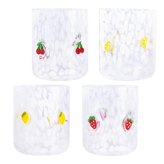 Trxvxo 4 PCS 14 Ounce Icon Juice Glasses,Anthropology Glass Cups,Juice Drinking Cups,Four Patterns,Strong and Durable Glasses Are The Great Gifts for Friends!