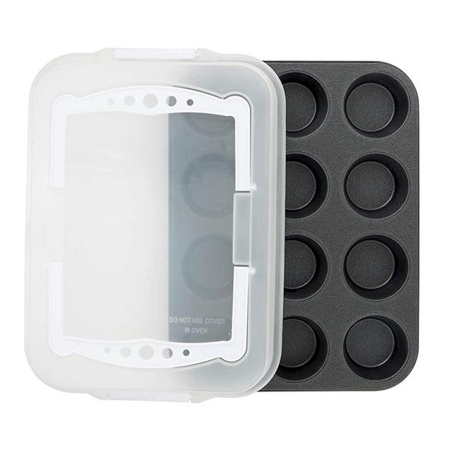 G & S Metal Products Company ProBake Teflon Xtra Nonstick Muffin Baking Pan with Lid with Handles, 12-Cup, Clear