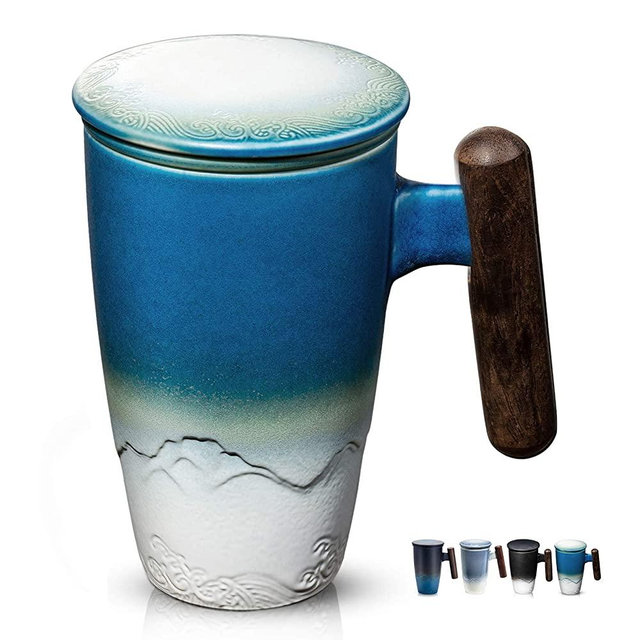 Tomotime Ceramic Tea Cup with Infuser and Lid Tea Mugs Wooden Handle 400ml/13.5oz (Cyan blue)