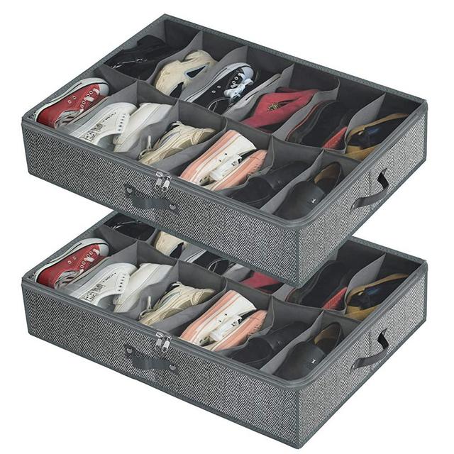 Under Bed Shoe Storage Organizer for Closet Fits 24 Pairs - Breathable Underbed Shoes Container Bag with Clear PVC Cover and 2 Zippered,Set of 2(Grey)