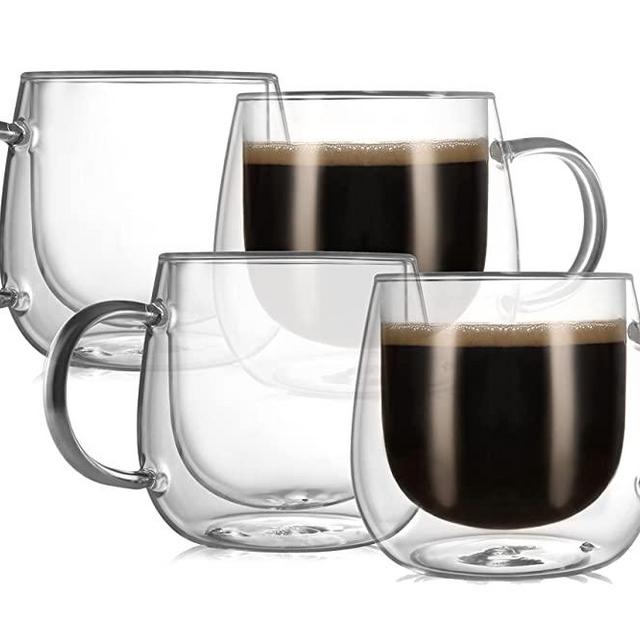 CNGLASS 10oz Double Wall Glass Coffee Mugs,Clear Insulated Glass Espresso Mugs,Set of 4
