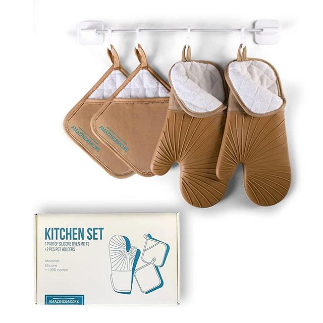 Kitchen Accessories Cooking Set 4pcs: Protective Long Oven Mitts and Pot Holders Sets : Heat Resistant Silicone Oven Gloves and Hot Pads Potholders for Kitchen Baking Cooking BBQ, Brown Kitchen Decor