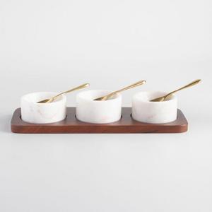 White Marble Dipping Bowls with Wood Tray