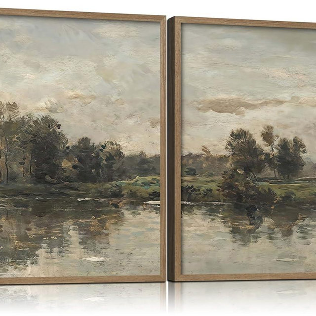 2Pcs Framed Canvas Wall Art Countryside Artwork Prints Landscape Posters Gallery Retro Classic Nature Pictures Home Decor Living Room Bedroom Office Farmhouse 16X24 Inch Ready to Hang