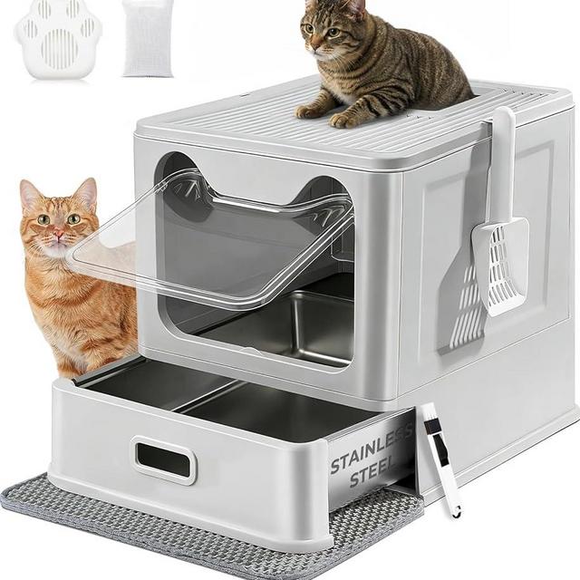Stainless Steel Litter Box with Lid and Pull-Out Drawers, XL Metal Litter Box Top Entry for Big Cats, Leak-Proof Baffles for Easier Cleaning, with Litter Mat & Scoop