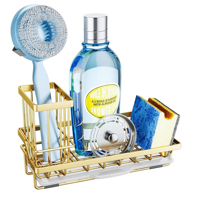SWTYMIKI Sink Caddy Kitchen Sink Organizer with Detachable Brush Holder, Stainless Steel Sink Sponge Holder with Removable Drip Tray Sponge Caddy for Kitchen Sink Countertop, Gold