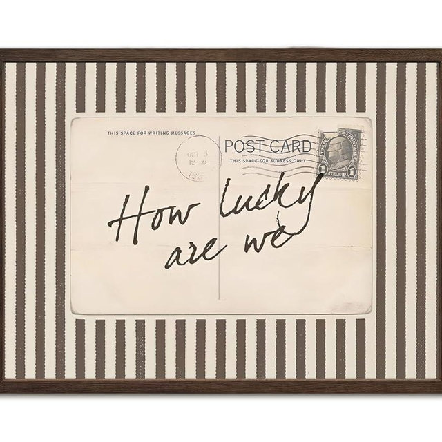 How Lucky Are We Wall Art Vintage Striped Letter Postcard Wall Decor Picture Trendy Preppy Inspirational Quote Poster Canvas Painting Print for Living Room Bedroom 12x16 inch Walnut Wood Framed