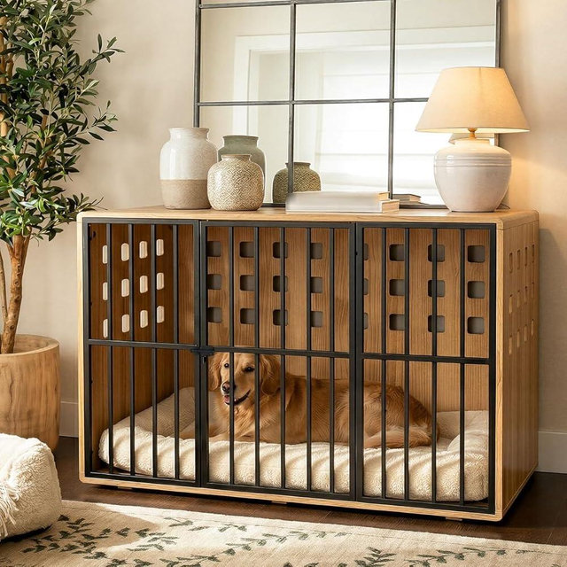Timechee Extra Large Dog Crate Furniture, 47.2 Inches Wooden Dog Crates for Medium & Large, Decorative Kennel Indoor with Lockable Door, Heavy Duty Pet Crate Side Tbale for Living Room, Natural