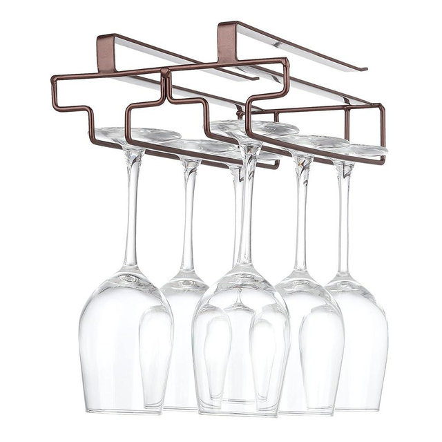 Wine Glass Rack Under Cabinet Drilling Free No Screw Steamware Holder Under Shelf Metal Wine Glasses Holders 304 Stainless Steel Hanger Storage Organizer Hanging Glass Fit for Bar Kitchen 2 Rows Brown