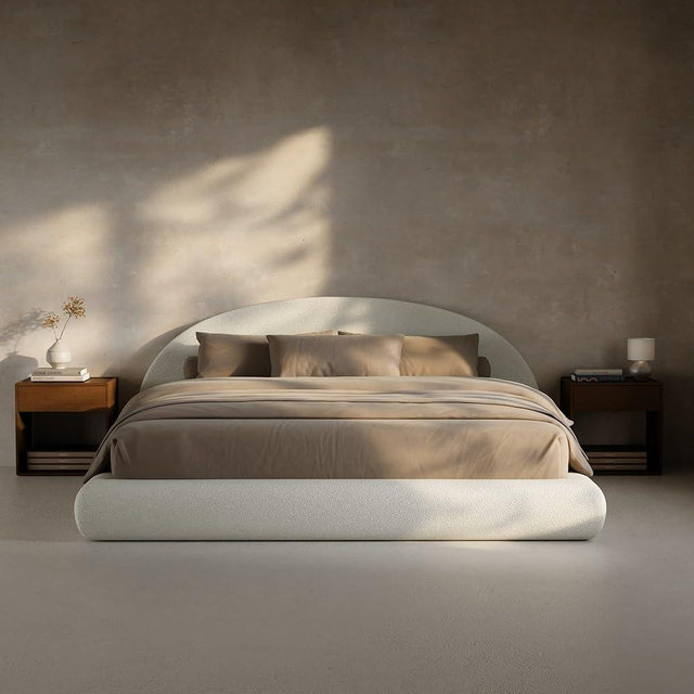 RECCI Half-Moon Upholstered King Platform Bed Frame, Boucle Curved Arched Base with Headboard, 5 Inch Fully Round Cushioned Foam, No Box Spring Needed, Easy Assembly | Round Shaped, Boucle, Low-profile, Soft