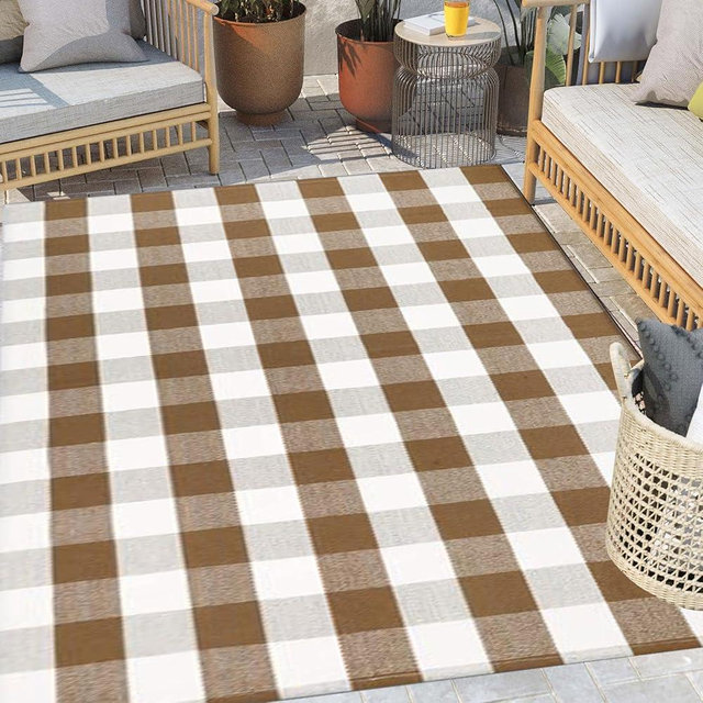 Buffalo Plaid Outdoor Rugs, 4' x 6' Brown and White Checkered Indoor/Outdoor Area Rug, Layering Rug for Hello/Welcome Door Mat, Washable Cotton Woven Farmhouse Mat for Fall Front Porch Décor