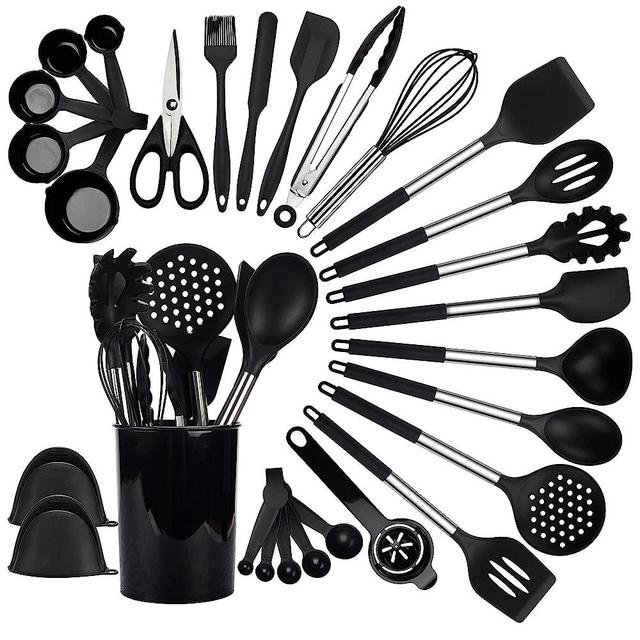 QMVESS Silicone Kitchen Utensil Set, 28 Pcs Non-Stick Cooking Utensils Set with Holder, Tongs, Spatula, Whisk, Measuring Cups and Spoons Set with Stainless Steel Handle Kitchen Gadgets (Black)