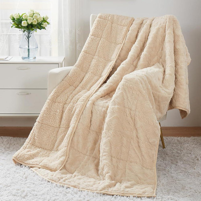 Weighted Blanket Queen Size 15lbs, Classy Soft Jacquard Sherpa Weighted Blankets for Sleep Natural and Calming, Fluffy Cozy Sofa Bed Blanket for Winter, Beige, 60 x 80 inches
