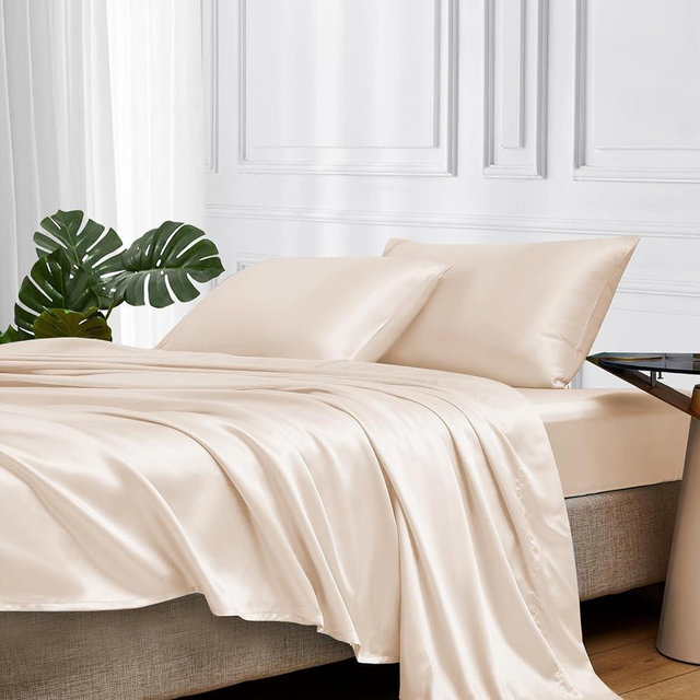 MR&HM Satin Bed Sheets, King Size Sheets Set, 4 Pcs Silky Bedding Set with 15 Inches Deep Pocket for Mattress (King, Beige)