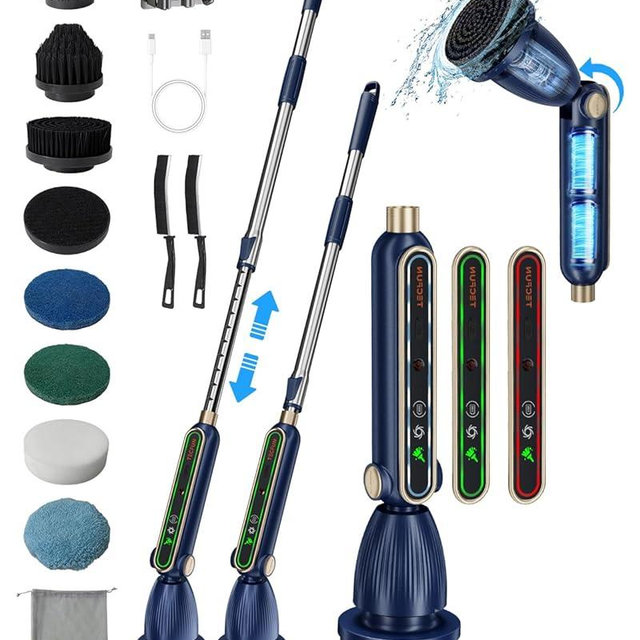 TECFUN Electric Spin Scrubber 16 in 1 Cleaning Brush with Adjustable Angles & Heads, Bathroom Power Scrubber with Extendable Handle, Interactive LED, Cleaning Supplies for Toilet,Kitchen,Shower-Blue