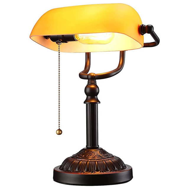 TORCHSTAR ESCENA Bankers Lamp with Pull Chain Switch, Amber Glass Shade Desk Lamps, Bronze Base, UL Listed, E26 Base, Vintage Library Lamp for Office, Study Room(Matted Orange)