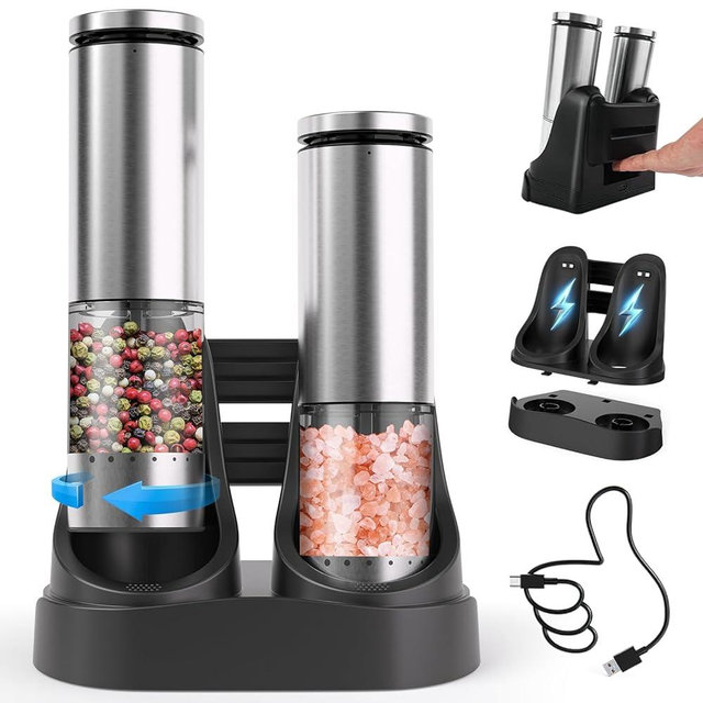Electric Salt and Pepper Grinder Set with Charging Base (Sliver)