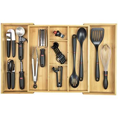 KitchenEdge Adjustable Kitchen Drawer Organizer for Utensils and Junk, Expandable to 28 Inches Wide, 9 Compartments, 100% Bamboo