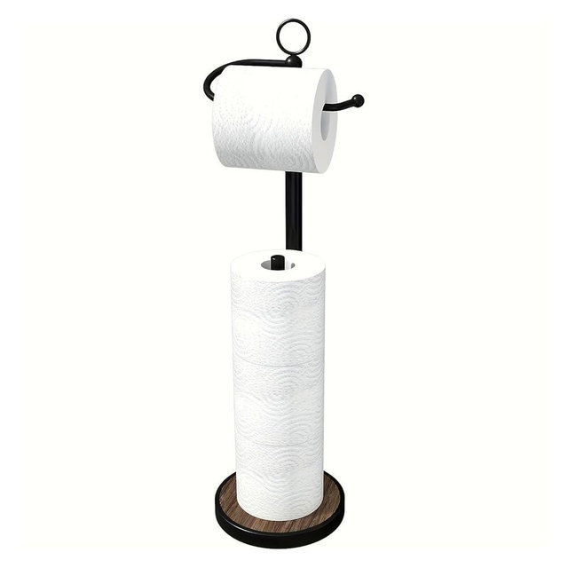 Toilet Paper Holder Free Standing with Storage 4 Rolls Stainless Steel Toilet Paper Holder Stand with Weighted Wood Grain Base Space-Saving Tissue Roll Holders for Bathroom Black & Bronze (Black)