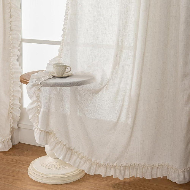 Linen Ruffle Curtains for Living Room, 2 Panels Farmhouse Ruffled Curtains 84 Inches Long, Rod Pocket Privacy Light Filtering Semi-Sheer Cottagecore Window Flowy Scalloped Curtain Drapes, 58 x 84 Inch