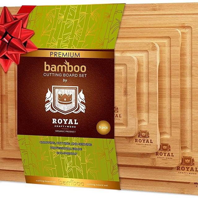 Bamboo Cutting Board Set for Kitchen - Chopping Boards for Vegetables, Fruit and Meat with Juice Grooves and Handles (5-Piece)