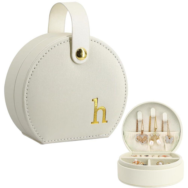 COLLECTIVE HOME - Travel Jewelry Case, Elegant Half-Moon Design with Gold Monogram, Detachable Handle, Personalized Accessory Organizer, Gift for Fashion-Forward Women and Teens (h)
