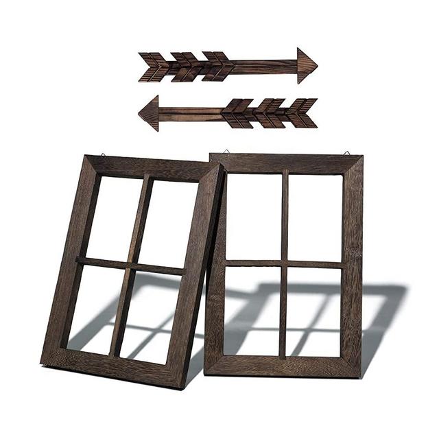 TIMEYARD Farmhouse Wall Decor Window Frame, Wooden Window Pane with Arrows Decor, Rustic Wall Art for Entryways, Living Room, Dining Room, Bedroom, Bathroom, 11X15.8 Inches, Dark Brown, 2set
