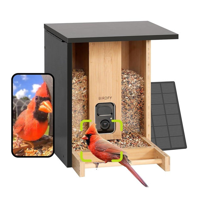 Birdfy Smart Bird Feeder with Camera, Solar Powered, Permanent AI Identify 6000+ Bird Species & Auto Record 2K Video, Upgraded Durable Bamboo Wood, Ideal Gift
