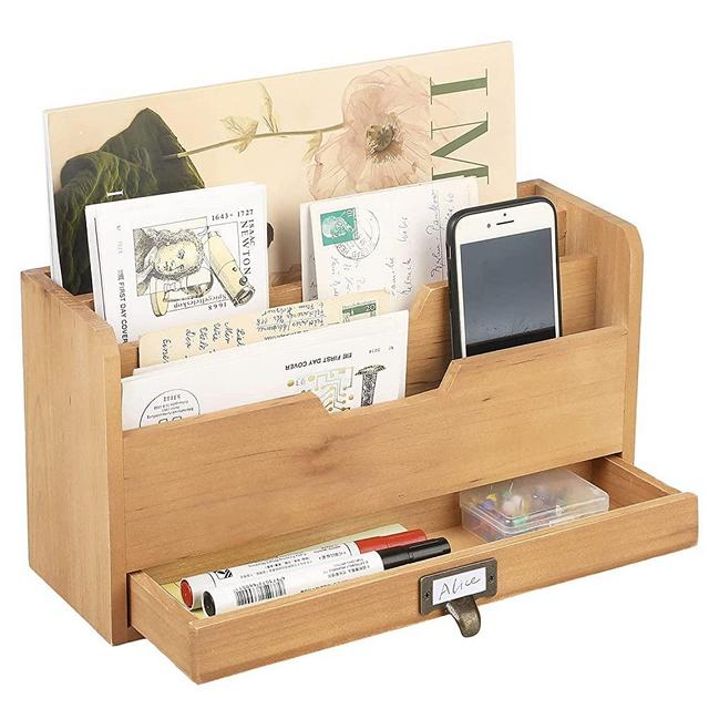 MyGift 3 Slot Rustic Natural Brown Wood Office Desk File Organizer Holder, Desktop Mail Letter Sorter Tray Document Holder with Pull-Out Storage Drawer