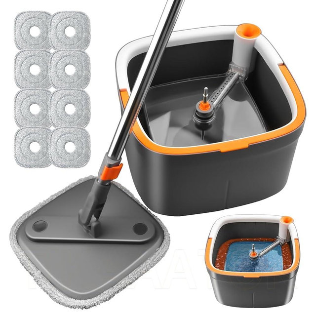 KZKR Spin Mop and Bucket Set with 8 Replaceable Microfiber Mop Pads with Self Separation Dirty and Clean Water System, Self Wringing 360° Rotating Square Mop Head for Hardwood Tile Marble Floors