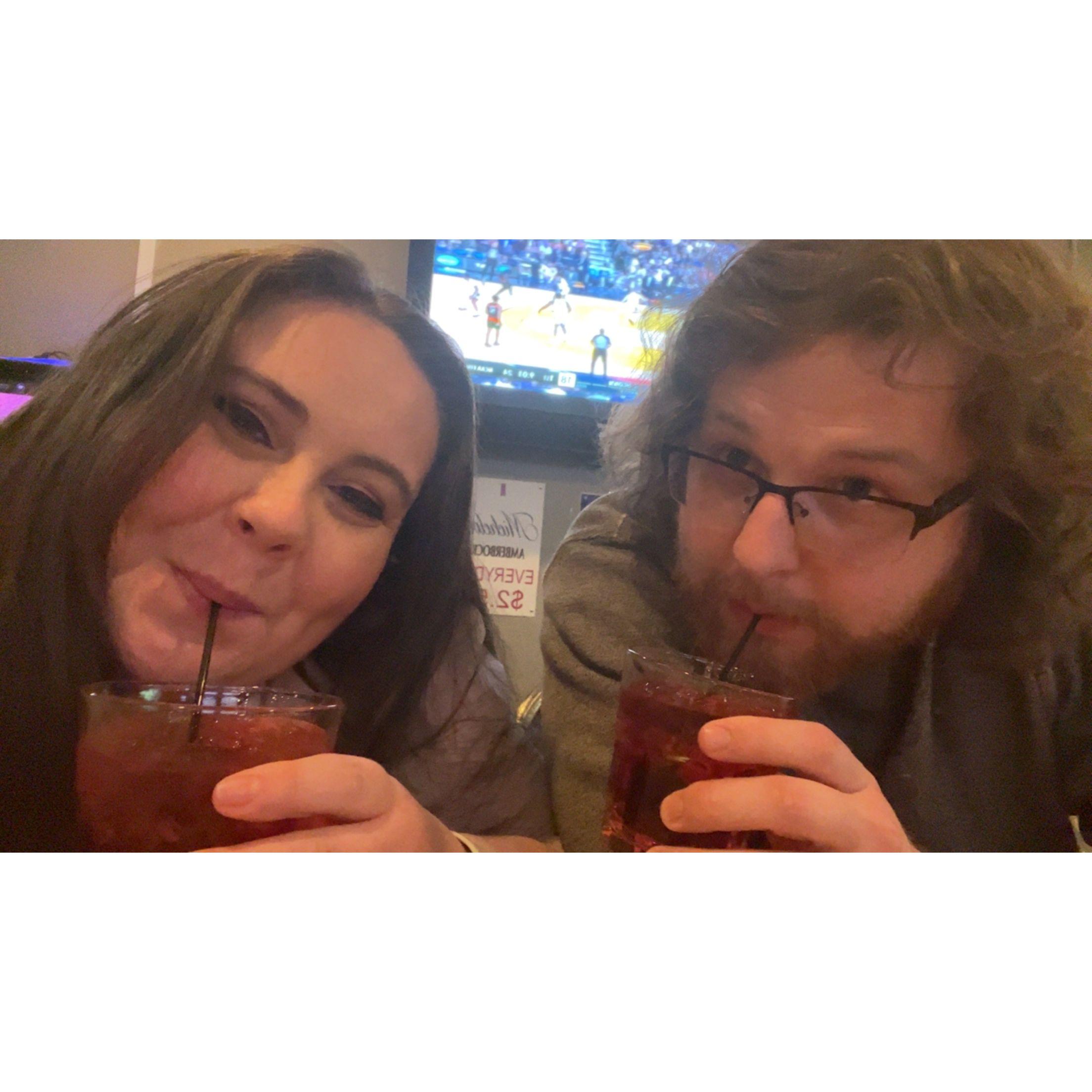 Enjoying our favorite drink, Crown Apple and Cranberry juice, at our favorite place, the Mattoon Moose Lodge.