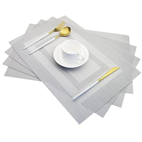 pigchcy Placemats,Washable Woven Vinyl Placemats for Dining Table and Easy to Clean, Heat Insulation Non Slip Plastic Placemats, PVC Placemats Set of 4 (Bright Silver)