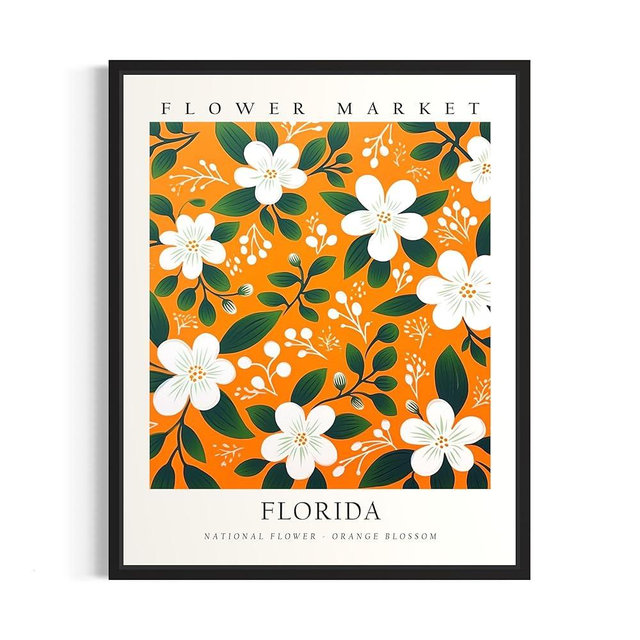Florida Flower Market Poster Art Print Botanical Wall Art Poster Decor, Pastel Floral State Decor for Bedroom Bathroom Living Room. (Florida Flower Market, 16x20 inches + (Black Frame))
