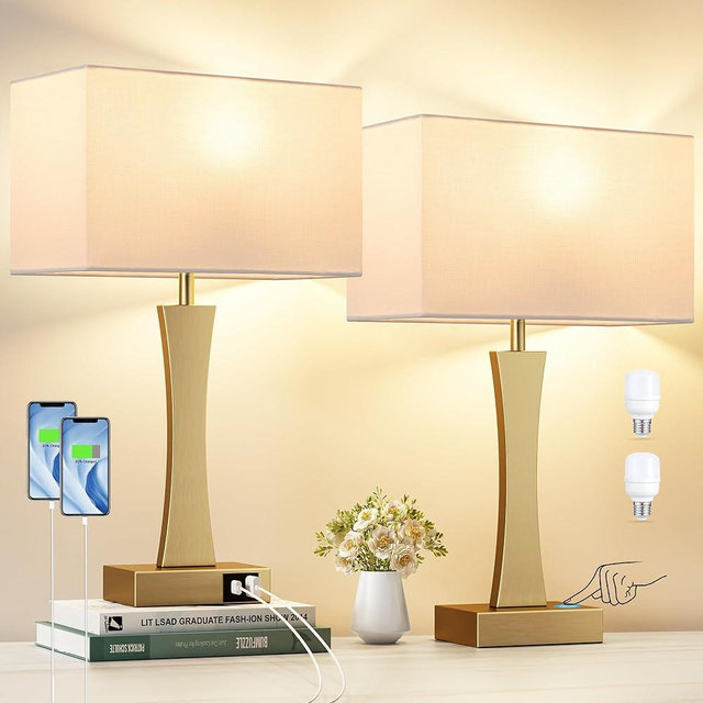 Bedside Lamps for Night Stands - 3 Way Dimmable Table Lamp for Bedroom with USB C+A Ports,Modern Bedside Lamps Set of 2, Touch Lamps for Nightstands(Gold)