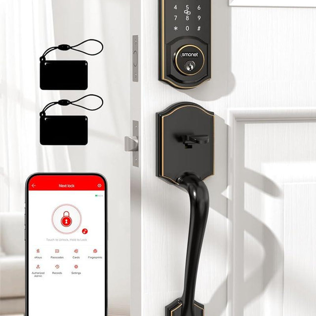 Smart Door Lock with Handle Set: SMONET Front Door Lock Set Keyless Entry Fingerprint Keypad Bluetooth Alexa Deadbolt Lockset Oil Rubbed Bronze