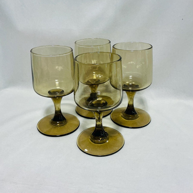 Vintage Smoky Olive Wine Glasses Set of 4 Mid Century Modern Libbey Tawny Goblets Retro Barware 1970s