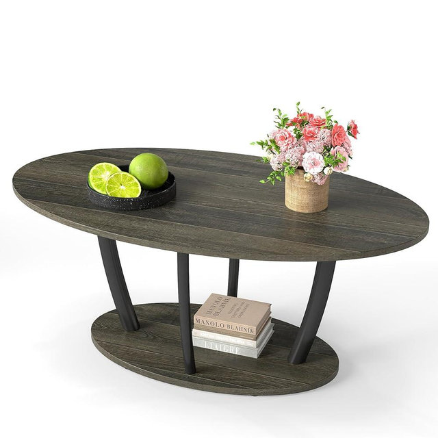 Manora Rustic Small Oval Coffee Table for Living Room, Narrow Wood Center Table with Shelf, Retro Style Coffee Table with Curved Metal Legs, Stable and Easy Assembly, Gray