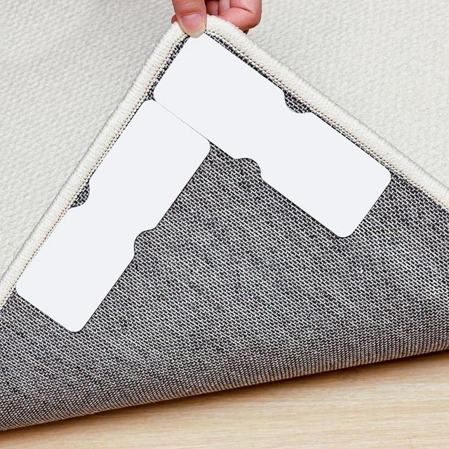 Sahhika Rug Tape,12Pcs Non Slip Grippers for Rug,Double Sided Reusable Rug Stopper Keep Area Rugs Corners from Curling and Bunching,Washable Rug Pad Grippers for Hardwood Floors, Tile Floors (White)