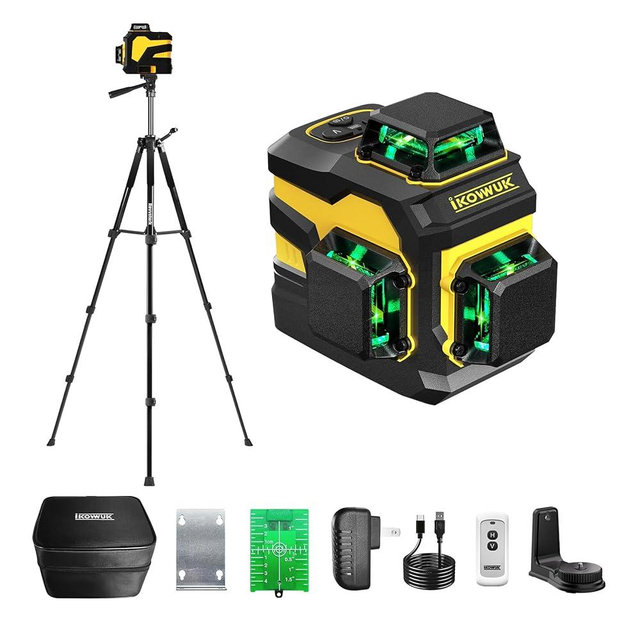 IKOVWUK Laser Level with Tripod, 3x360° Cross Line Laser for Construction and Picture Hanging, Level Tool with 5200 mAh Rechargeable Battery, Compact Adjustable 59.8-inch Tripod, Remote Control