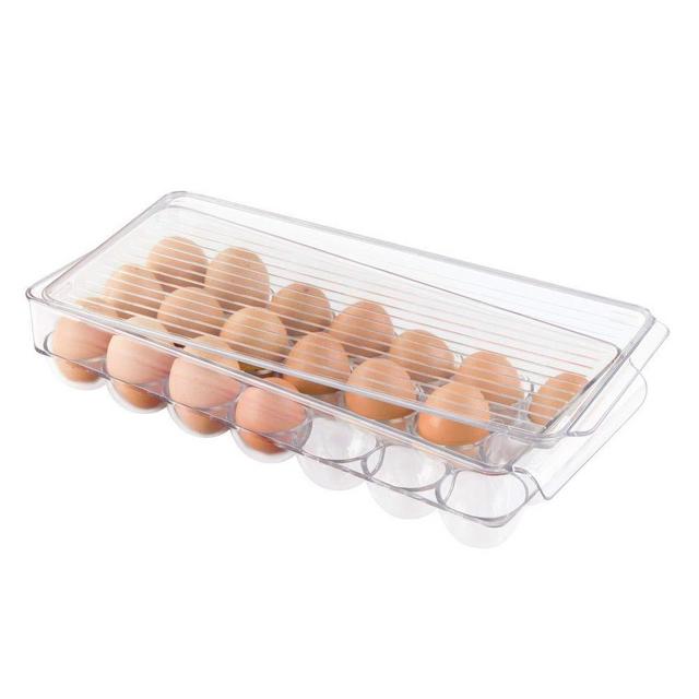 iDesign Plastic Egg Holder for Refrigerator with Handle and Lid, Fridge Storage Organizer for Kitchen, Holds up to 21 Eggs, Clear