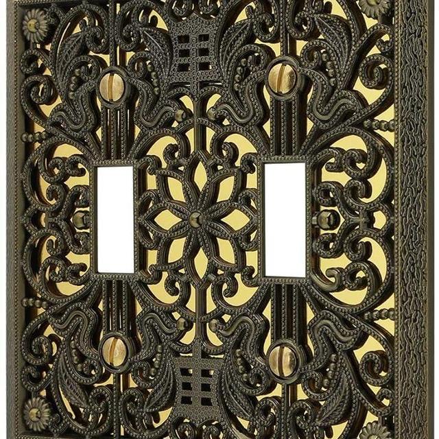 Amerelle 65TTAB Filigree Wallplate, 2 Toggle, Antique Brass